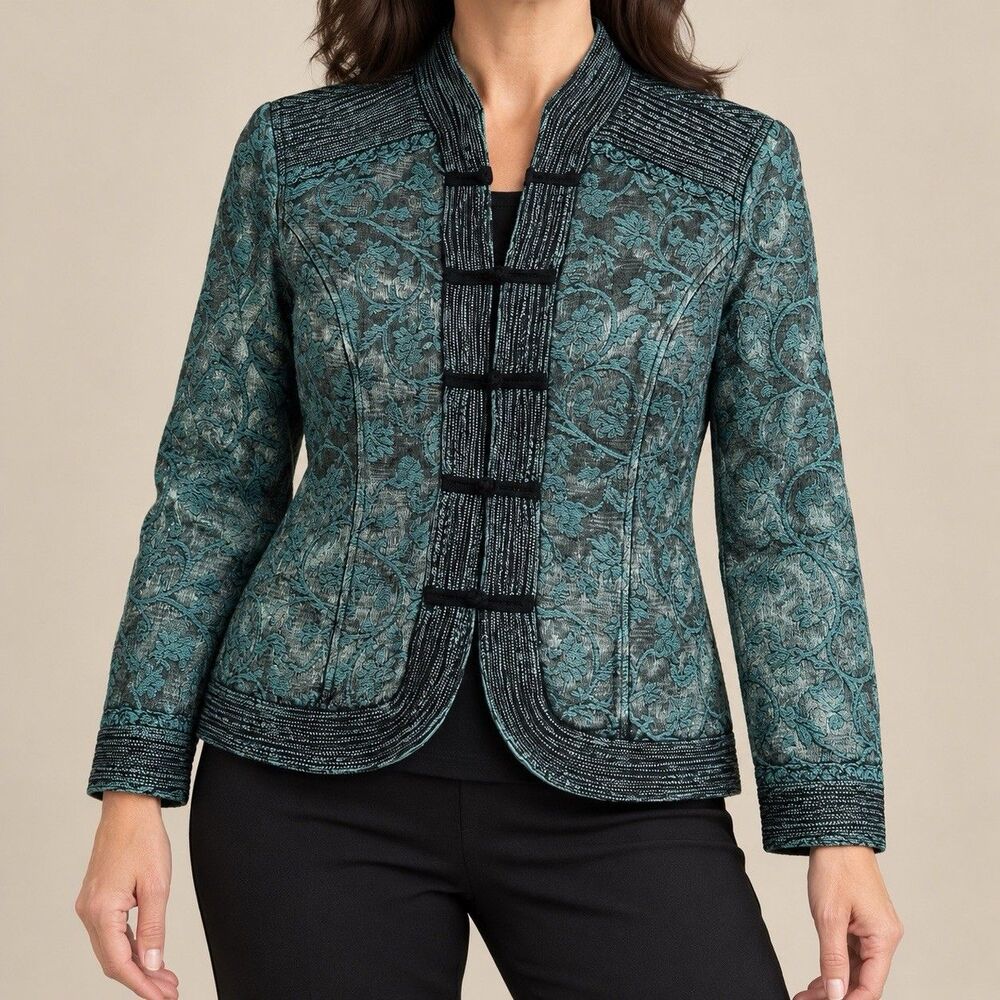 Coldwater Creek M Art To Wear Teal Floral Brocade Jacket Mandarin Collar Boho